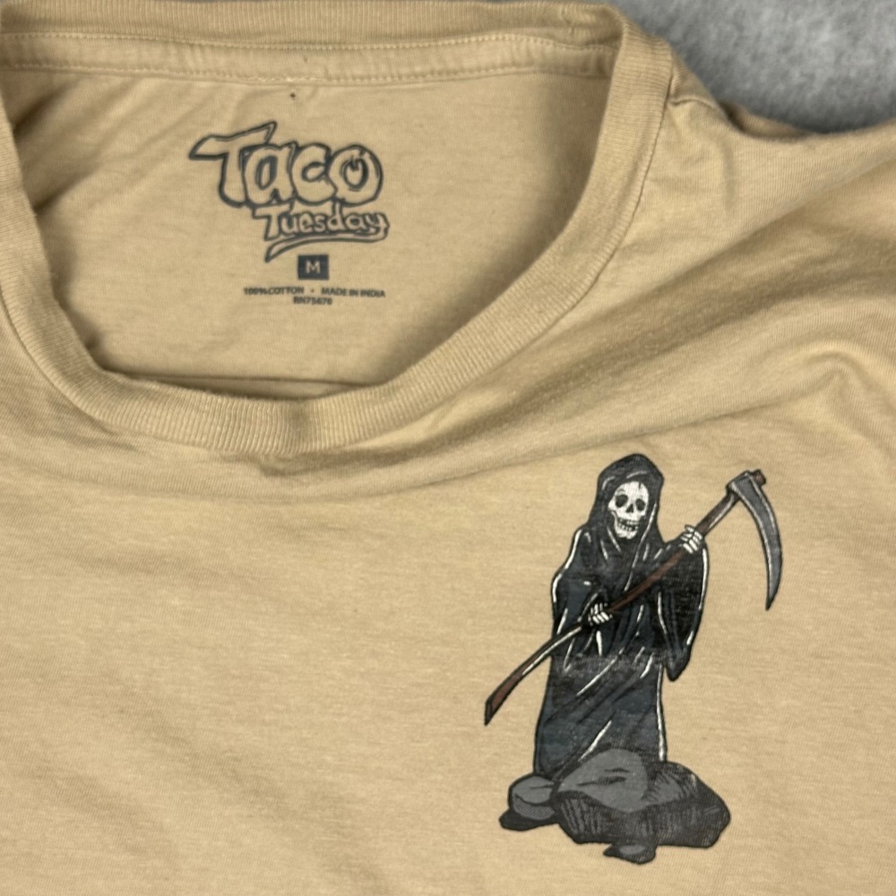 Taco Tuesday Grim Reaper Graphic T-Shirt Mens Medium Tan Mountain Back Print